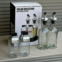 5 Piece Glass Oil Dispenser & Spice Jar Set with Anti-Dust Spout | Salad Dressing Bottle Set with Stand | Kitchen Oil & Vinegar Bottle Combo