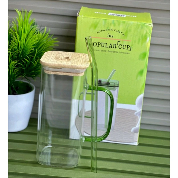 Glass Juice Cup with Bamboo Lid & Glass Straw, 450ml Clear Drinking Mug with Handle, Reusable Smoothie & Iced Coffee Cup for Juice, Milk, Tea and Cold Drinks
