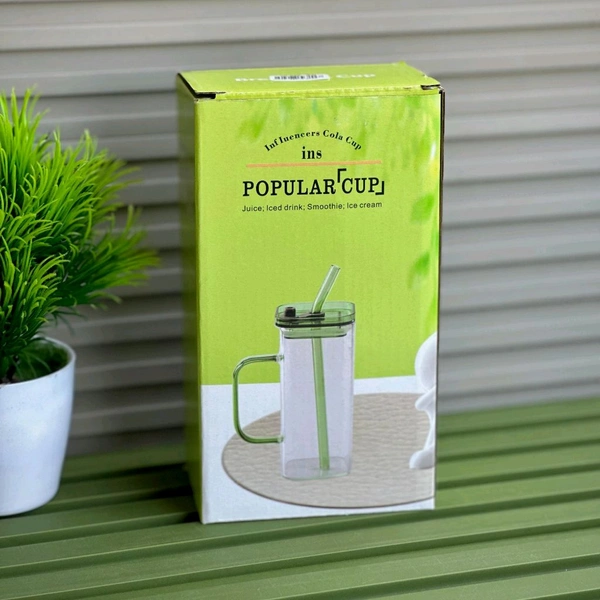 Glass Juice Cup with Bamboo Lid & Glass Straw, 450ml Clear Drinking Mug with Handle, Reusable Smoothie & Iced Coffee Cup for Juice, Milk, Tea and Cold Drinks