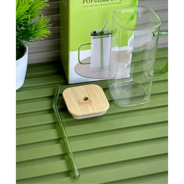 Glass Juice Cup with Bamboo Lid & Glass Straw, 450ml Clear Drinking Mug with Handle, Reusable Smoothie & Iced Coffee Cup for Juice, Milk, Tea and Cold Drinks