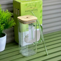 Glass Juice Cup with Bamboo Lid & Glass Straw, 450ml Clear Drinking Mug with Handle, Reusable Smoothie & Iced Coffee Cup for Juice, Milk, Tea and Cold Drinks