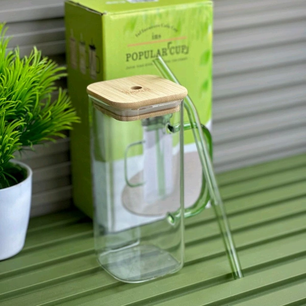 Glass Juice Cup with Bamboo Lid & Glass Straw, 450ml Clear Drinking Mug with Handle, Reusable Smoothie & Iced Coffee Cup for Juice, Milk, Tea and Cold Drinks