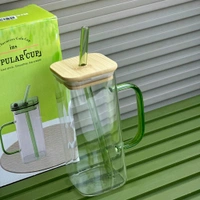 Glass Juice Cup with Bamboo Lid & Glass Straw, 450ml Clear Drinking Mug with Handle, Reusable Smoothie & Iced Coffee Cup for Juice, Milk, Tea and Cold Drinks