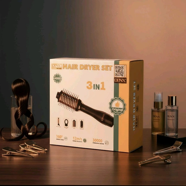 DENX 3-in-1 Hair Dryer Brush Set | Hot Air Styling Brush with Volumizer & Curling Attachment | 360° Swivel Cord | Salon Style at Home