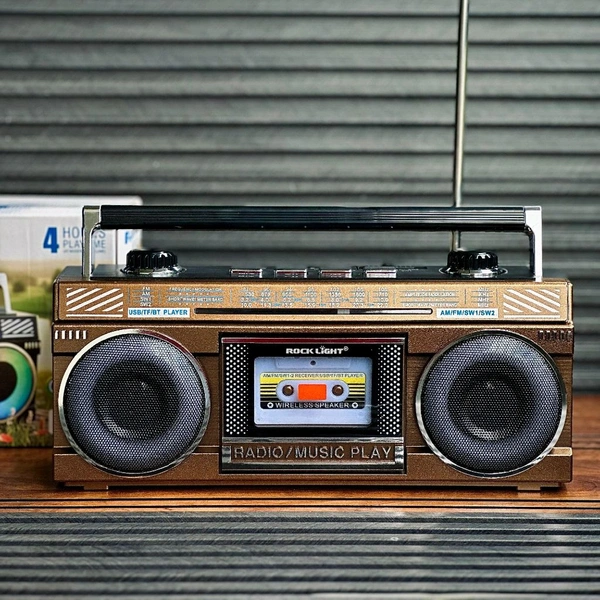 Rock Light Retro Wireless Speaker with FM Radio, RGB Lights & USB/TF Support – Portable Vintage Music Player with Rechargeable Battery