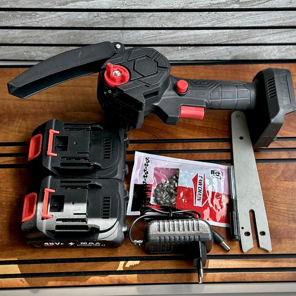 Cordless Mini Chainsaw 48VF with Dual Batteries – Portable Electric Pruning Saw for Wood Cutting & Garden Trimming