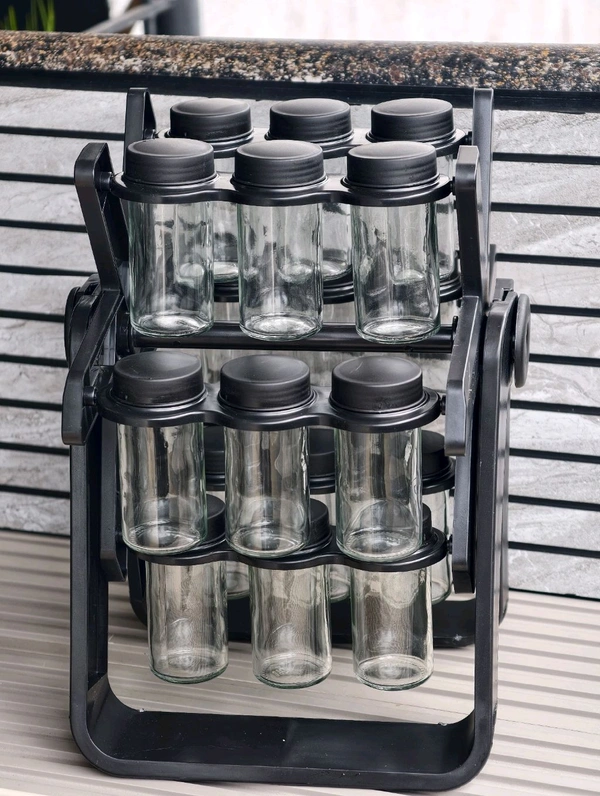 18-Jar Rotating Spice Rack Organizer with Glass Jars & Airtight Lids