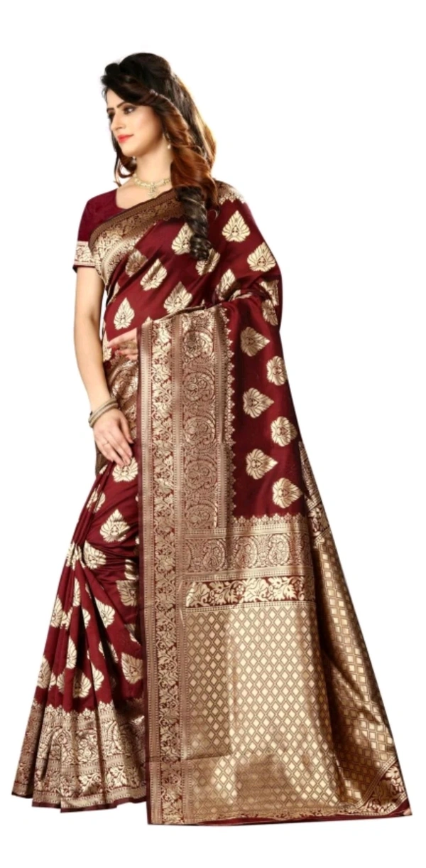 India Gate Shoppershopee Woven Kanjivaram Silk Blend Saree(Maroon) - 5.5M, Red Robin