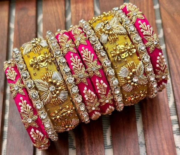 Aadhvik Arts And Crafts Maggam Work Bangles Yellow And Pink Color - Yellow, 2.4 Sizes