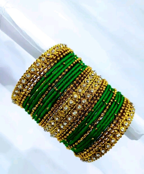 Aadhvik Arts And Crafts Elegant Green Thread With Stone Bangles - Japanese Laurel, 2.2 Sizes 2.4 Sizes 2.6 Sizes