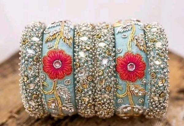 Aadhvik Arts And Crafts Maggam Embroidery Beads Bride Set Bangles  - Water Leaf, 2.2 Sizes 2.4 Sizes 2.6 Sizes