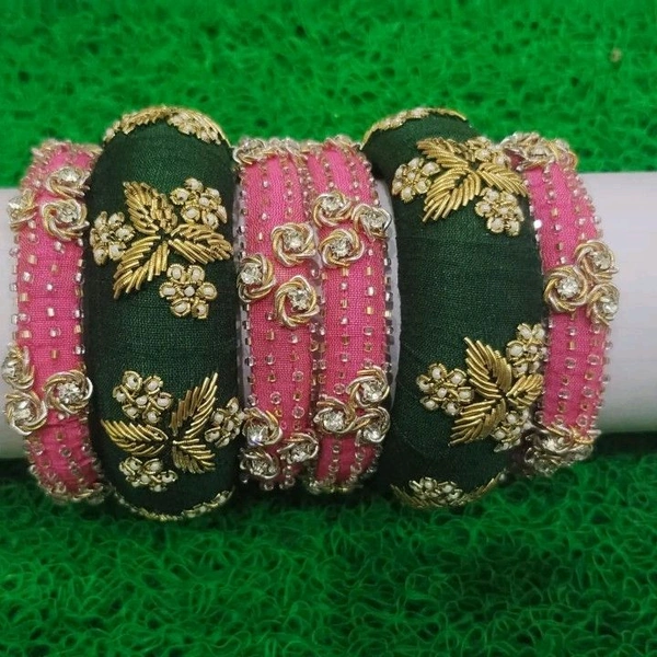Aadhvik Arts And Crafts Bridal Maggam Work Pink and Green Combination Bangles - Tickle Me Pink, 2.2 Sizes 2.4 Sizes 2.6 Sizes