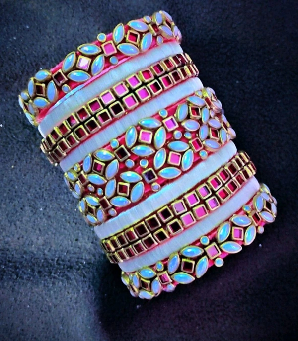 Aadhvik Arts And Crafts 3D Stoned Bangles Peach  And  Cream Color Combination - Tickle Me Pink, All Sizes Available