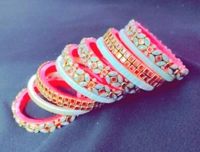 Aadhvik Arts And Crafts 3D Stoned Bangles Peach  And  Cream Color Combination - Tickle Me Pink, All Sizes Available