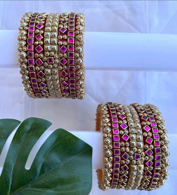 Aadhvik Arts And Crafts 3D Stoned Bangles Purple And Gold Color Combination - Violet Eggplant