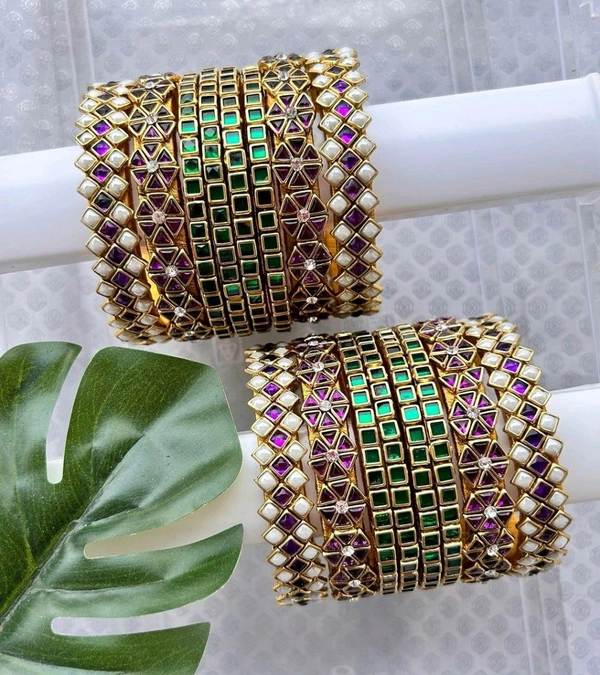 Aadhvik Arts And Crafts 3D Stoned Bangles Purple And Dark Green Color Combination - Violet Eggplant, All Sizes Available
