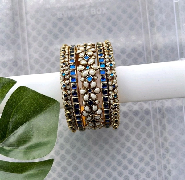 Aadhvik Arts And Crafts 3D Stoned Bangles Blue And White Color Combination - Mariner, All Sizes Available