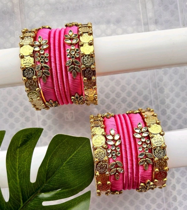 Aadhvik Arts And Crafts Laxmi Devi Coin Bangles Pink Color Combination - Brilliant Rose, All Sizes Available