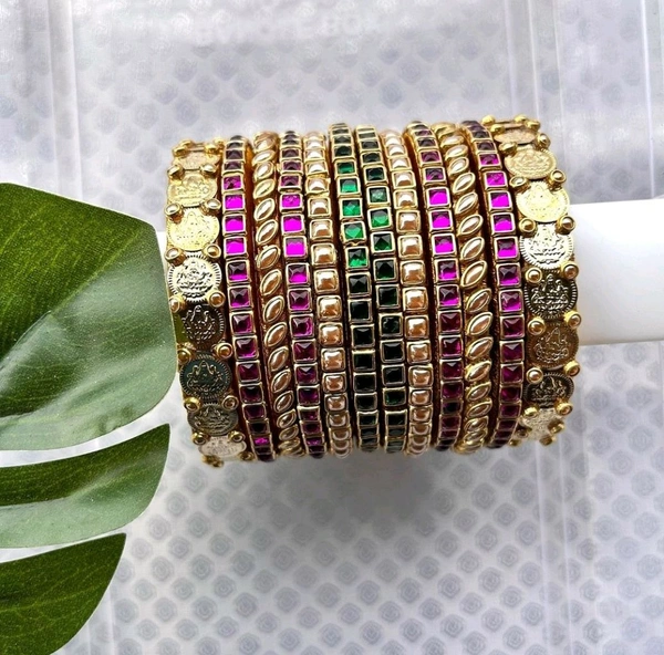 Aadhvik Arts And Crafts Laxmi Devi Coin Bangles Purple And Dark Green Color Combination - All Sizes Available, Violet Eggplant