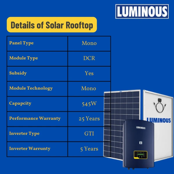 LUMINOUS Luminous Solar: On-Grid DCR Mono Solar Rooftop System for home with complete Installation - 2 K-Watt, Mono Bifacial