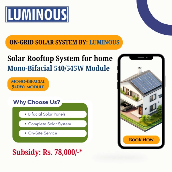 LUMINOUS Luminous Solar: On-Grid DCR Mono Solar Rooftop System for home with complete Installation - 5 K-Watt, Three