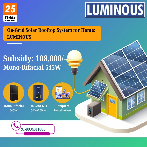 Luminous Mono-Bifacial DCR On-Grid Solar Rooftop System | PM Suryaghar Scheme | Home Installation Included - 2 K-Watt, Single, Mono-Bifacial
