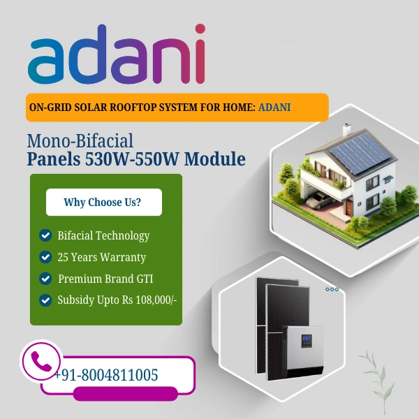 Adani Mono Bifacial DCR On-Grid Solar Rooftop System | PM Suryaghar Scheme | Home Installation Included - 6 K-Watt, Single, Mono-Bifacial