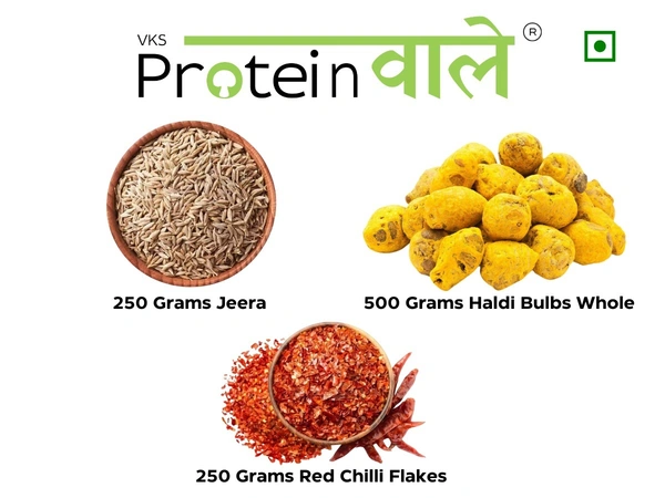 ProteinWaale Premium Spices - 250 gm Cumin Jeera, 500 gm Turmeric Haldi Bulbs Whole, 250 gm Red Chilli Flakes