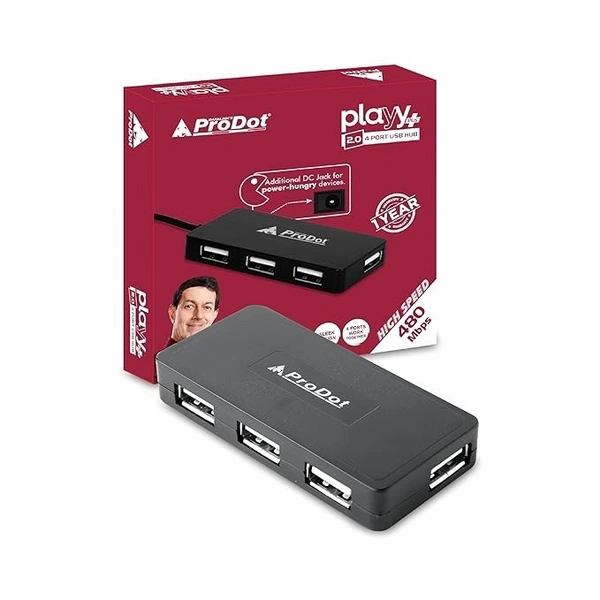 USB HUB 4 Port USB 2.0,  LED Indication & Additional DC Jack for Power-Hungry Devices - 1 Pcs, USB 2.0, PRODOT