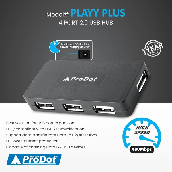 USB HUB 4 Port USB 2.0,  LED Indication & Additional DC Jack for Power-Hungry Devices - 1 Pcs, USB 2.0, PRODOT