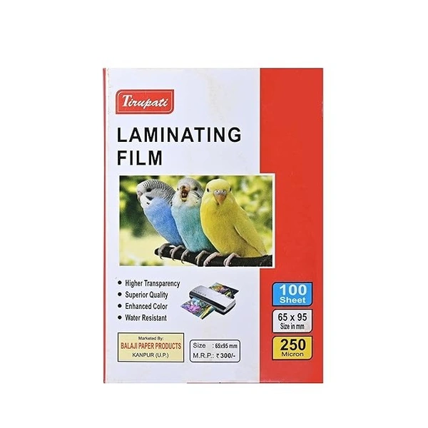 TIRUPATI AADHAR SIZE LAMINATION POUCH FILM 100 Sheets  - 10 Pcs, TIRUPATI, 250 MICRON