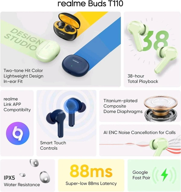Realme realme Buds T110 with Ai Enc for Calls, Upto 38 Hours of Playback and Fast Charging Bluetooth in Ear Headset (Country Green, True Wireless) - White