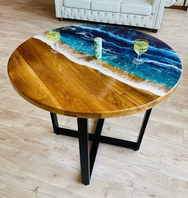 Wooden Tea Table With Epoxy Resin - 24” Height 36” Diameter, Multicolour Wooden, 8 to 12 Days