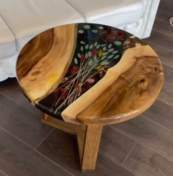 Wooden Tea Table With Epoxy Resin - 24” Height 36” Diameter, multicolour, 8 to 12 Days