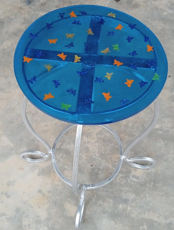 Stool With Epoxy Resin Base - Butterfly Design - Blue with multicolour butterfly, 7 to 8 Days, 18” Height 12” Diameter