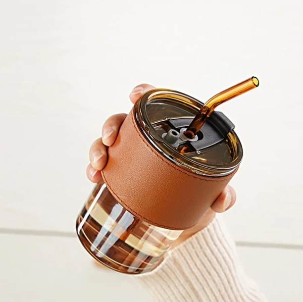 GLASS TUMBLER WITH GLASS STRAW AND LEATHER SLEEVE