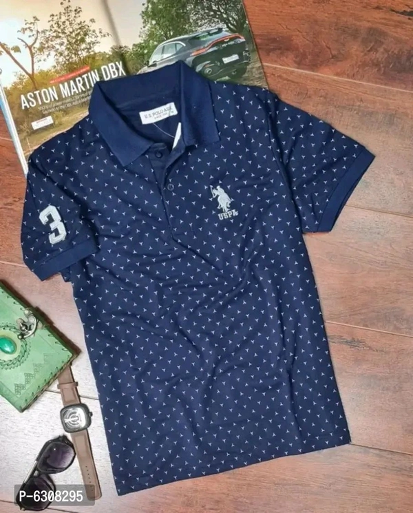 Cotton Blend Polos Tshirt For Men - Navy Blue, L