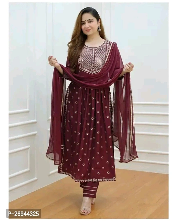 Rayon Embroidery Work Kurta ,Bottom And Dupatta Set  - Maroon Oak, L