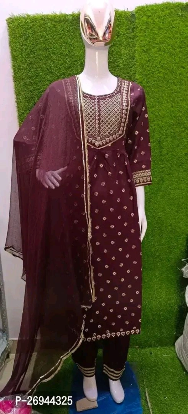 Rayon Embroidery Work Kurta ,Bottom And Dupatta Set  - Maroon Oak, XL