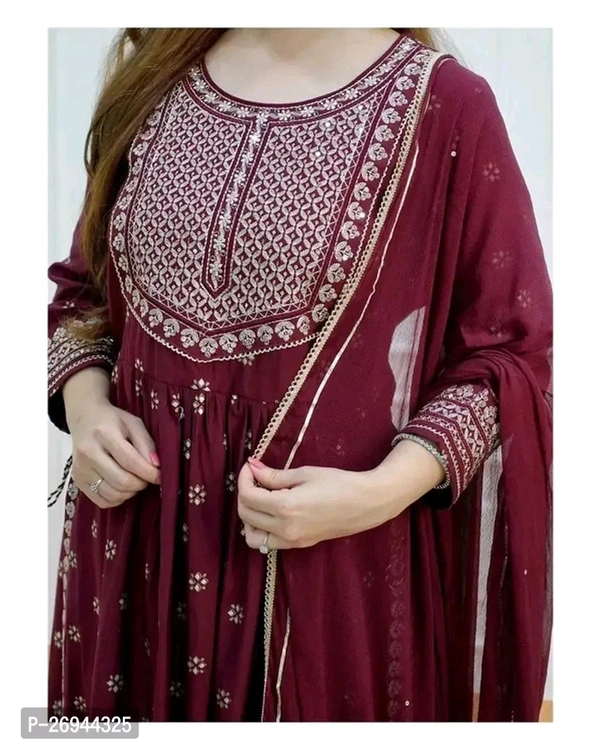 Rayon Embroidery Work Kurta ,Bottom And Dupatta Set  - Maroon Oak, XL