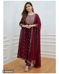 Rayon Embroidery Work Kurta ,Bottom And Dupatta Set  - Maroon Oak, 2XL