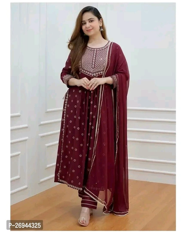 Rayon Embroidery Work Kurta ,Bottom And Dupatta Set  - Maroon Oak, 2XL