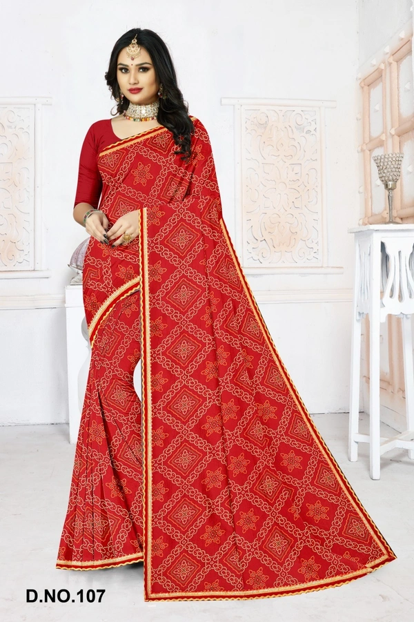 VEEROSA Georgette Red Bandhani Printed Saree With Lace Border