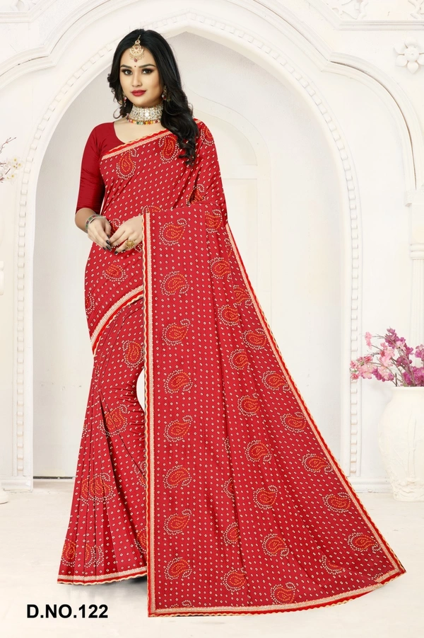 VEEROSA Georgette Red Bandhani Printed Saree With Lace Border