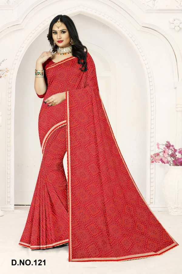 VEEROSA Georgette Red Bandhani Printed Saree With Lace Border