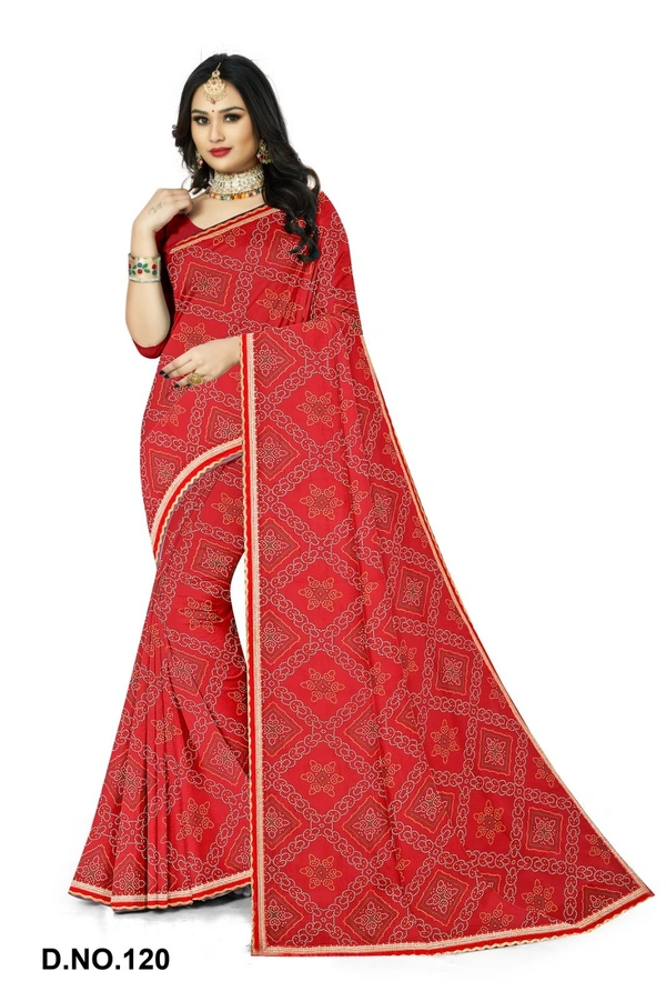 VEEROSA Georgette Red Bandhani Printed Saree With Lace Border