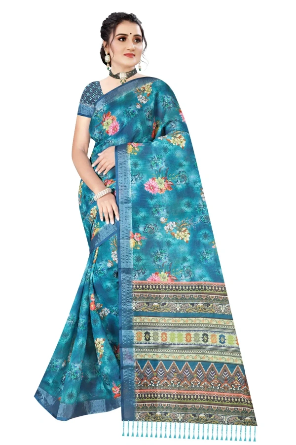 VEEROSA Cotton Linen Digital Print Saree | With Silver Zari Border & Jhalar - Free Size