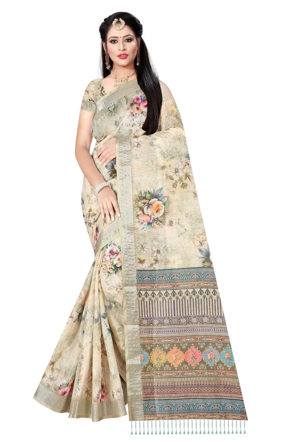 VEEROSA Cotton Linen Digital Print Saree | With Silver Zari Border & Jhalar - Free Size