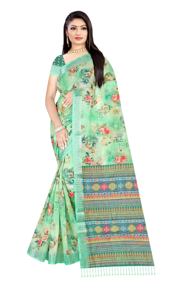 VEEROSA Cotton Linen Digital Print Saree | With Silver Zari Border & Jhalar - Free Size