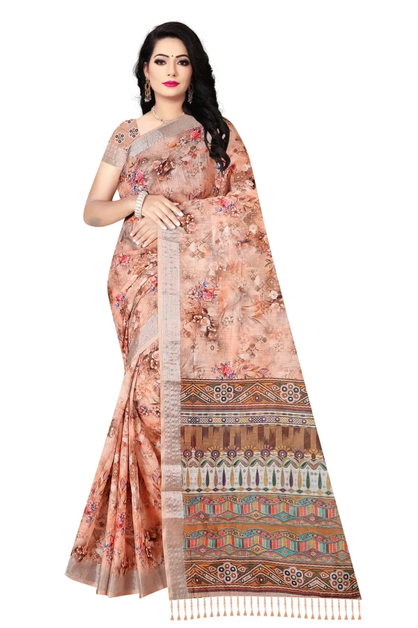 VEEROSA Cotton Linen Digital Print Saree | With Silver Zari Border & Jhalar - Free Size